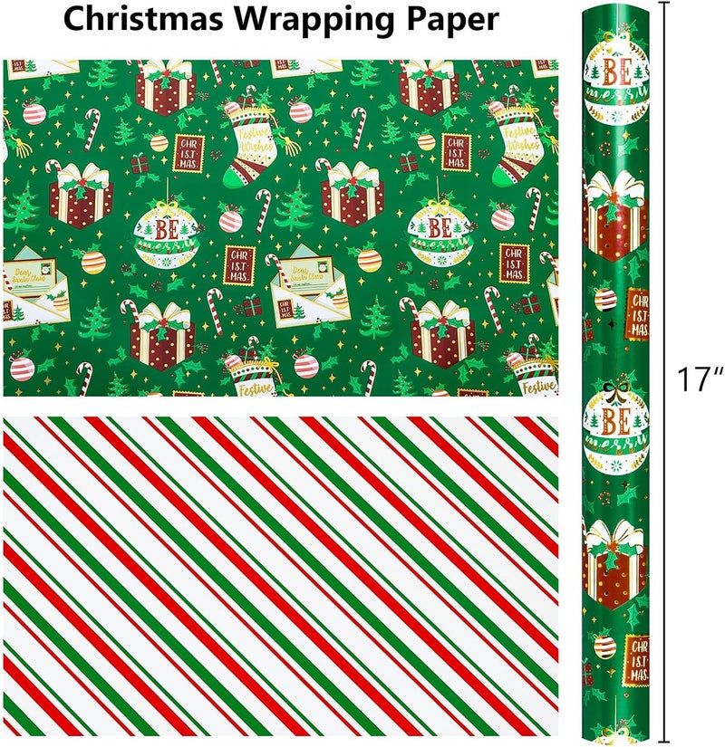 MAYPLUSS Green Christmas Wrapping Paper Roll, Reversible Festive Ornament Wrapping Paper, Metllic Foil Vintage Stocking & Bell Christmas Gift Wrap for Kid Holiday, Celebrations (17 Inch X 33 Feet) - Image 5